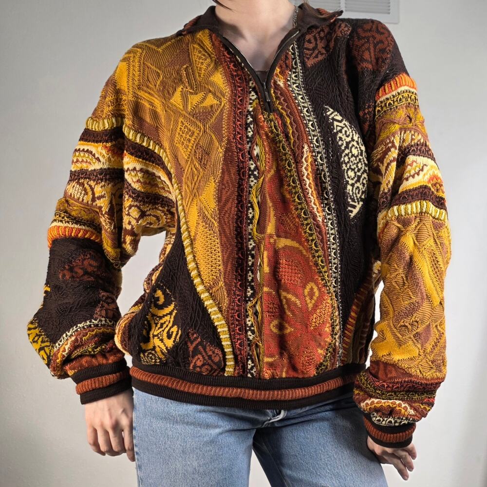 Vintage COOGI Australia 3D Knit Quarter Zip Sweater Brown Gold Size Large Cotton